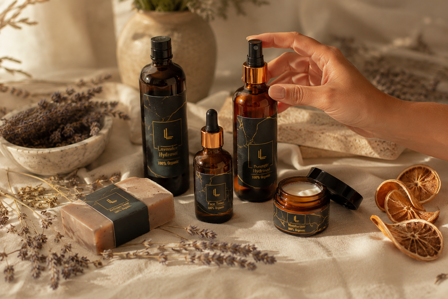 Lavandaba botanical remedies arranged for women's daily ritual