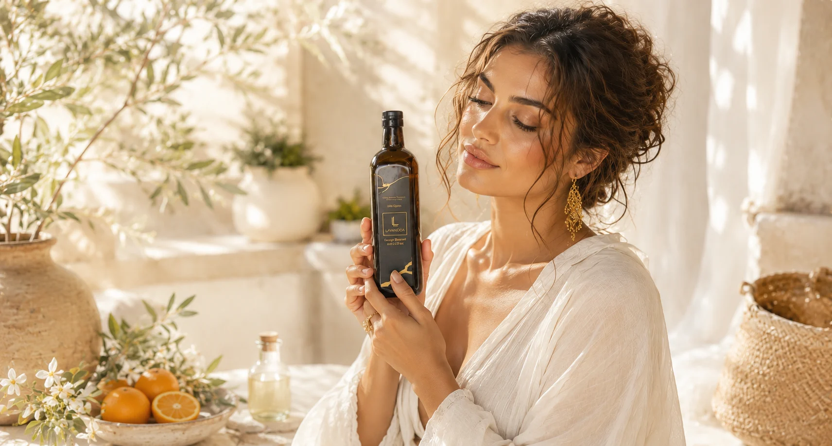 Lavandaba botanical remedies — orange blossom ritual in golden Mediterranean light